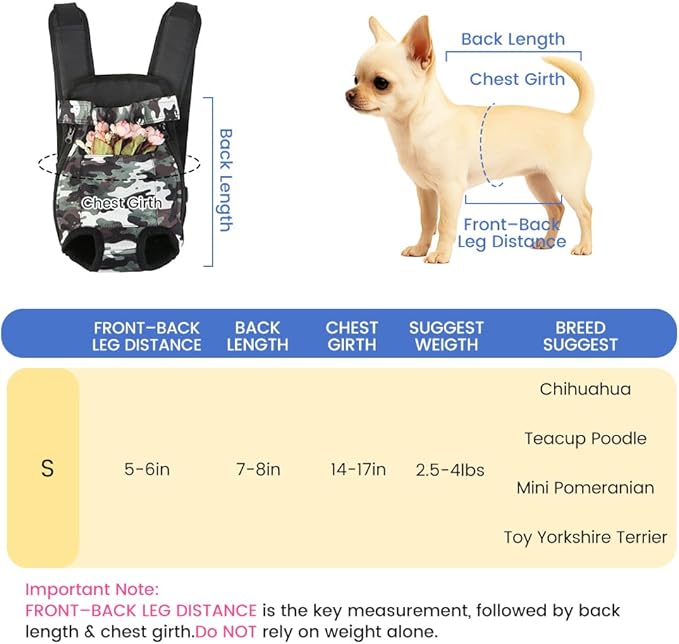 Dog Backpack Carrier, Front Pocket for Essentials, Legs Out Carrying Sling Travel Bag for Small Medium Dogs 2.5-4 Lbs, Soft Wearable Puppy Chest Carry Backpacks for Walking/Hiking/Camping/Traveling