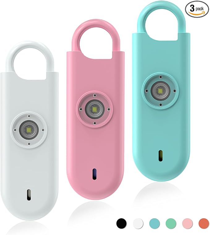 Fauxomor 140dB Personal Safety Alarm for Women, 3 Pack Safe Alarm Protection Keychain with Strobe Light & Low Battery Notice, Security Siren Self Defense for Seniors College Girls, White+Pink+Blue