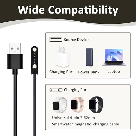 2-Pack Universal Magnetic Charger Cable for Smart Watch, 4-Pin 7.62mm Pin-Pitch Fast Charging Replacement Cord for Smartwatch, Fitness Tracker, Bone Conduction Headphones, Smart Glasses Accessories