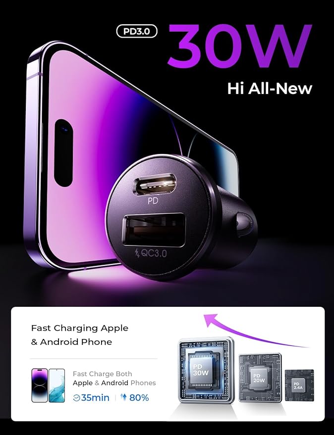 LISEN 54W Car Phone Charger USB C, Cigarette Lighter Adapter, Car Accessories for iPhone, USB C Car Charger Adapter USBC Type C 12v, Fit for iPhone 16, 15, 14, 13 Samsung Google iPad Android, Orange