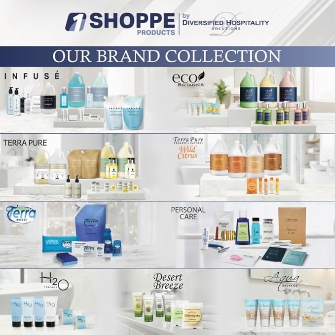 Terra Pure | Eco Botanics Gallon & Dispenser Set | 1-Shoppe Hotel Amenities Kit | Shampoo, Conditioner, Body Wash Gallon | Refillable 10.14oz Matching Pump Bottles