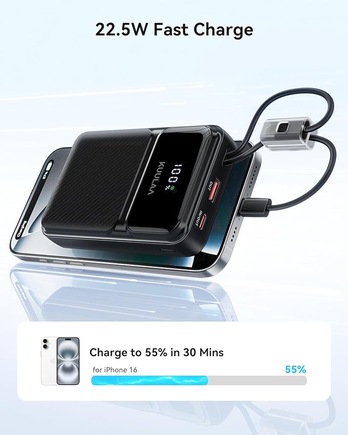 Kuulaa Portable Charger with Built in Cables 20000mAh, Travel Power Bank with LED Display, 22.5W Fast Charging Battery Pack for iPhone 17 16 15 14 13 12 Android