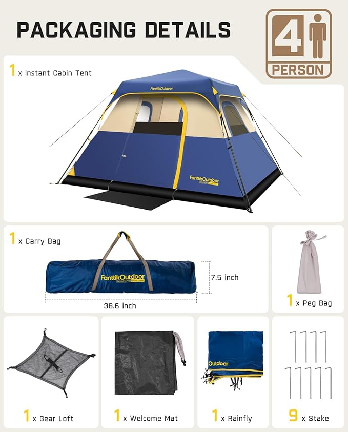 FanttikOutdoor Camping Tent 4/6/8/10 Person Instant Cabin Tent Setup in 60 Seconds with Rainfly & Windproof Portable with Carry Bag for Family Camping & Hiking, Upgraded Ventilation, Navy Blue