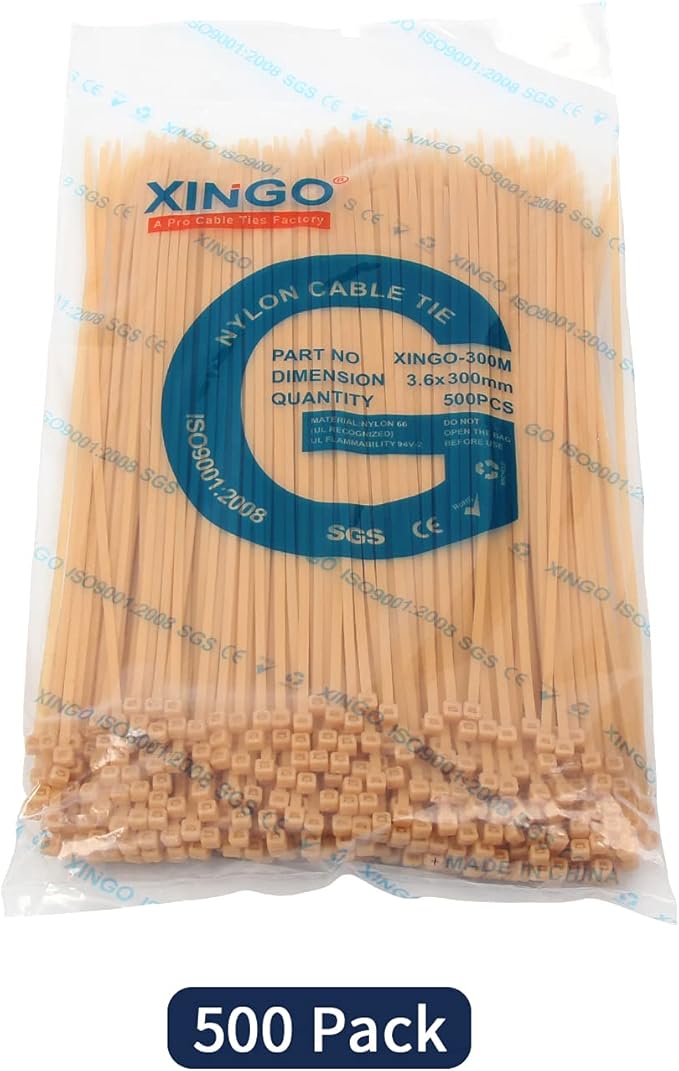 XINGO Nylon Cable Zip Ties Self Locking Plastic Wire Ties with 40 Lbs Tensile Strength for Indoor and Outdoor 12 Inch 500 Pack Gold