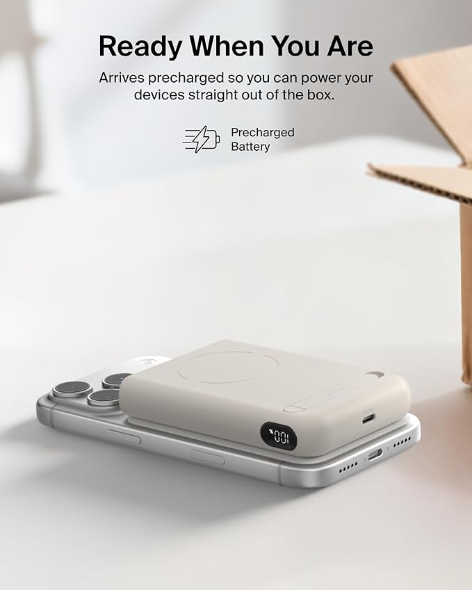 Belkin MagSafe Power Bank 10,000mAh, Qi2.2 25W Portable Charger w/Kickstand, Magnetic Back Supports MagSafe Accessories, Digital Display, Wireless Charging Battery Pack for iPhone 17, Pixel - Sand