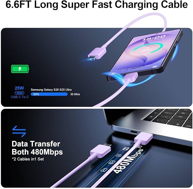 Super Fast Charger Type C, 25W USB C Wall Charger Fast Charging for Samsung Galaxy S26 Ultra/S26/S26+/S25 Ultra/S25/24 Ultra/S24/S23 Ultra/S22 Ultra with 6.6FT Long Android Type C Charger Cable 2Pack