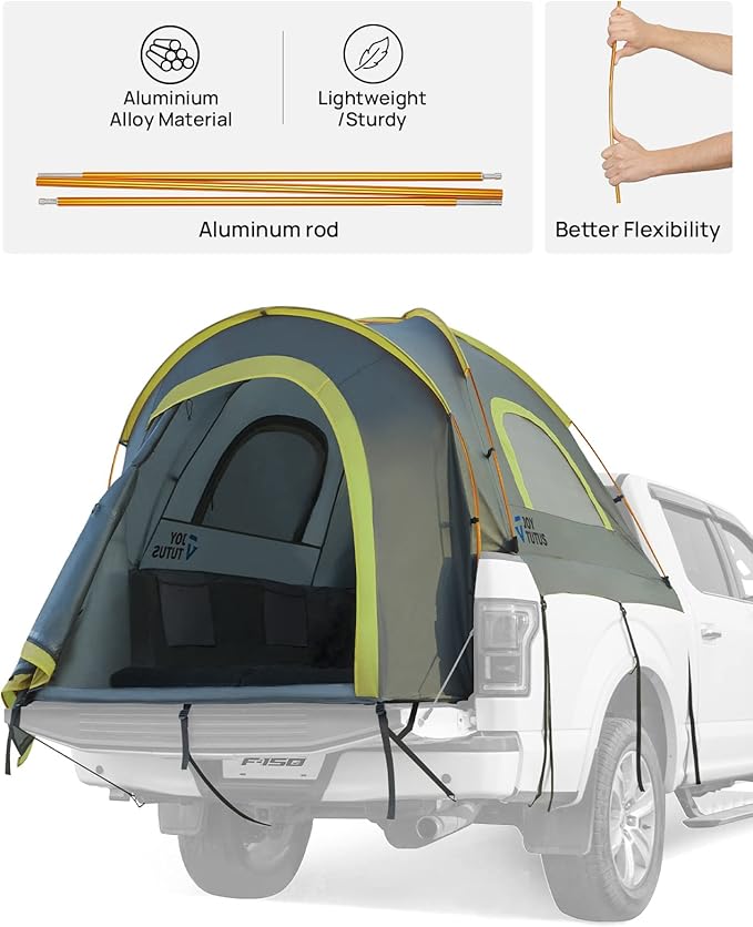 JOYTUTUS Pickup Truck Tent 8ft 2.0, Waterproof PU2000mm Double Layer for 2 Person, Portable Truck Bed Tent with Rainfly - Green, Aluminum Pole