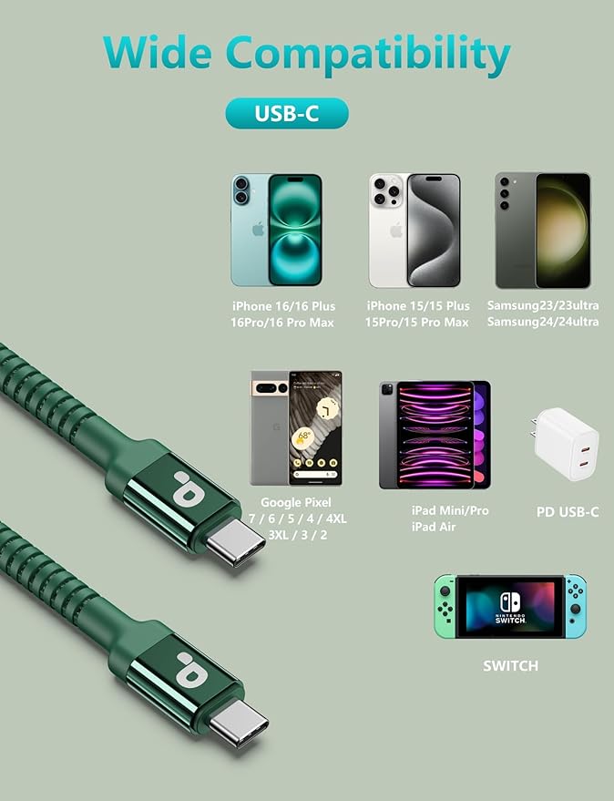 USB C Cable 3FT, 2Pack USBC to USBC Fast Charging Cable 66W, iPhone USB C Charger Cable Short USB Type C to C Cord Nylon Braided for iPhone 17/16/15/Pro Max/Plus/Samsung Galaxy S23/LG and More-Green
