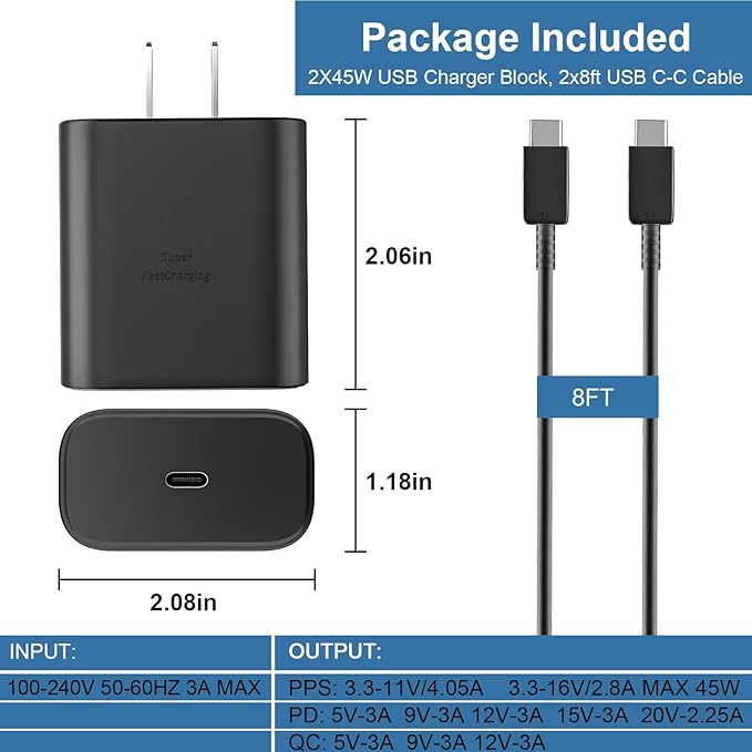 Type C Charger Fast Charging, 45W USB-C Super Fast Type C Wall Charger for Samsung Galaxy S26 S25 S24 S23 Ultra/S26 S25 S24 S23 S22 S21S20/Note 10/20, PPS Android Charger Block with 8FT Cable-Black