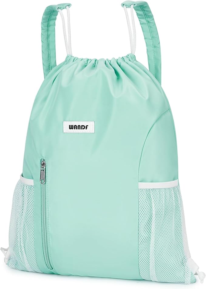 WANDF Drawstring Backpack with Shoulder Pad Sports Gym Backpack with Mesh Pocket String Bag for Women Men(Mint green)