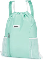 WANDF Drawstring Backpack with Shoulder Pad Sports Gym Backpack with Mesh Pocket String Bag for Women Men(Mint green)