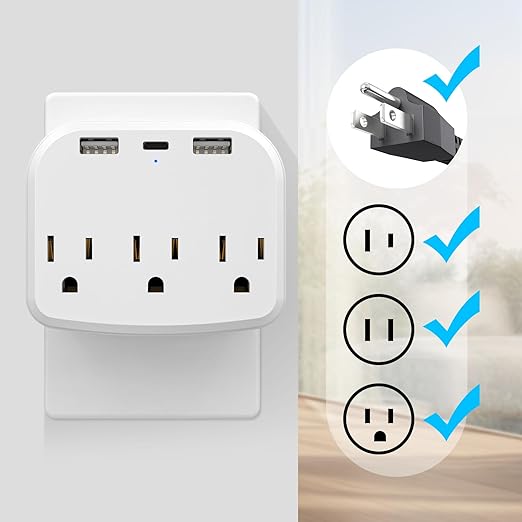 HITRENDS - Outlet Extender, with a Place to Put Your Phone and 2 USB-A and 1 USB Type-C Multi Plug Wall Outlet, Suitable for Bedrooms, Living Rooms, Offices, and Travel