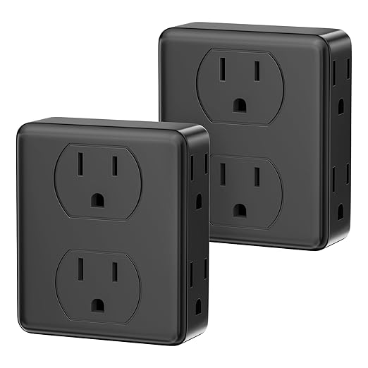 Outlet Extender, HICITY Multi Plug Outlet with 6 Electrical Outlets Adapter, 3-Prong Wall Outlet Tap for Cruise Ship Home Office Dorm, Black (2 Pack)