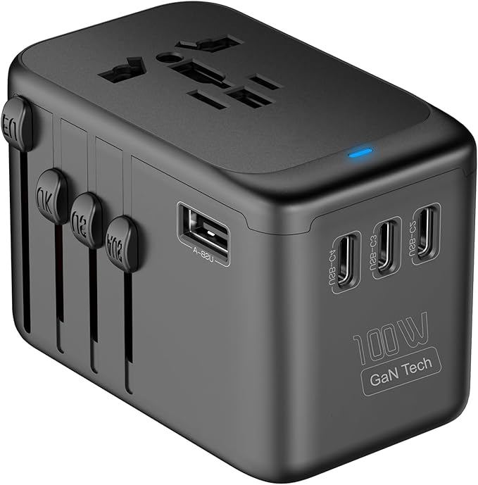 JMFONE Universal Travel Adapter with GaN 100W,International Power Plug Adapter 5 Port [4*USB C+1*USB A] and Multi 2500W AC Sockets, All-in-one Travel Outlet Plugs for 200+ Countries