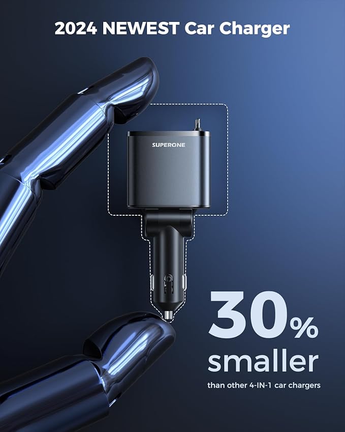 SUPERONE Smaller Retractable Car Charger with Dual Type C Cords, 69W Fast Retractable USB C Car Charger, 4 in 1 Car Accessories Car Chargers for iPhone 17 16 15 14 13 12 Galaxy Pixel