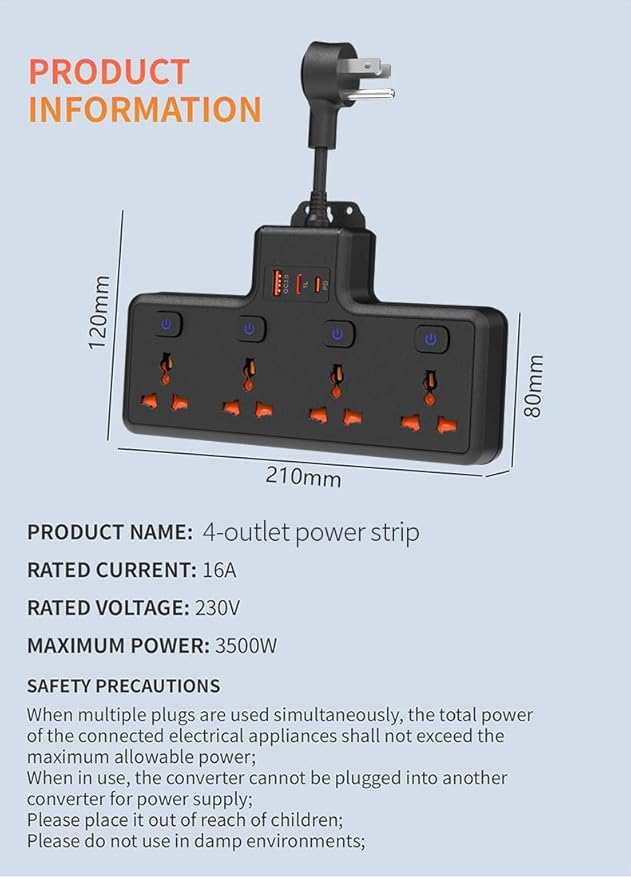 Wall Mount Power Strip with 4 AC Outlets & USB-C (20W) and USB Ports, Plug Extender with Individual Switches, Space Saving Multi Plug Outlet for Home, Office, Dorm & Travel, White