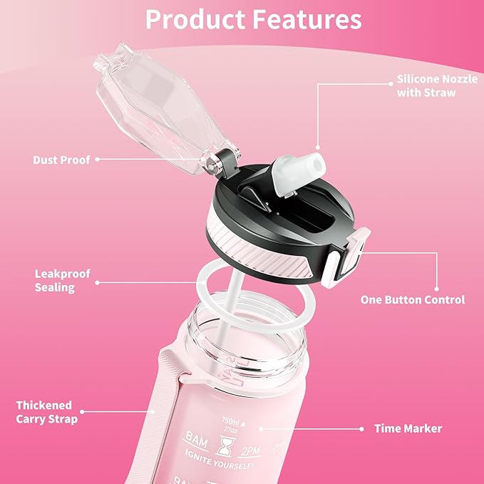 QLUR Water Bottle with Straw, 27oz Motivational Water Bottles with Time Marker to Drink, Tritan BPA Free, 750ml Sports Water Bottle with Carry Strap LeakProof for School Fitness Outdoor (1Pack)