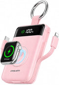 Portable Charger,5000mAh PD 20W Super Fast Charging Power Bank with Built-in Cables,Travel Keychain Battery Pack for Apple Watch Ultra/11/10/9/8/7/6/SE,iPhone 17/16/15/14/13/12 (Pink)