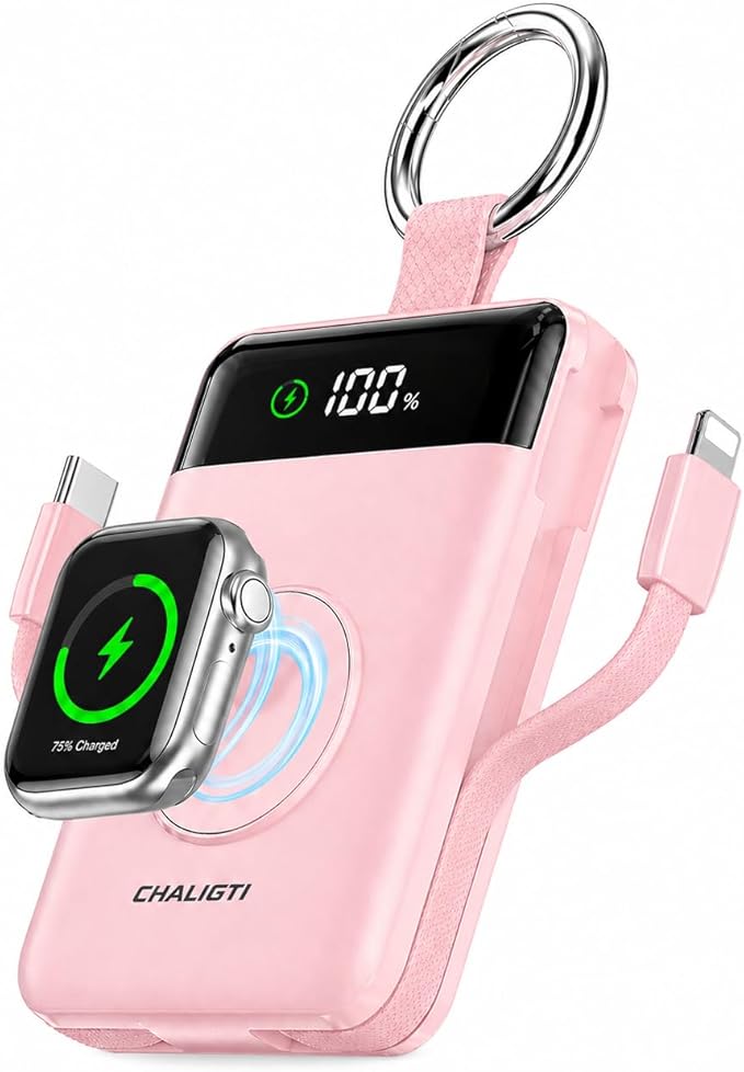 Portable Charger,5000mAh PD 20W Super Fast Charging Power Bank with Built-in Cables,Travel Keychain Battery Pack for Apple Watch Ultra/11/10/9/8/7/6/SE,iPhone 17/16/15/14/13/12 (Pink)