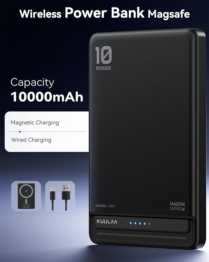Kuulaa 10000mAh MagSafe Battery Pack, 0.51in Ultra Slim Magnetic Power Bank with LED Indicator, 20W PD USB-C Fast Charging Portable Charger for iPhone 17/16/15/14/13/12,Black