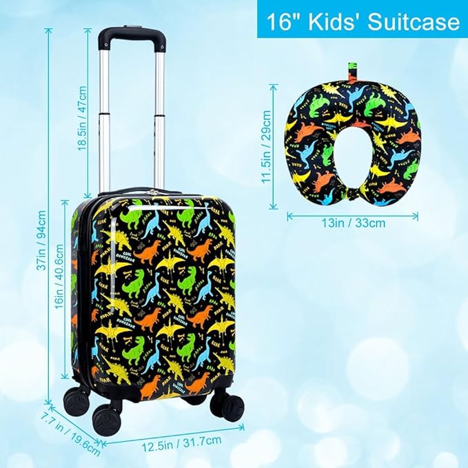 2Pcs Kids Suitcase Set, 16.5" Hardside Boys Travel Luggage with Spinner Wheels, Dinosaur Carry on Rolling Luggage Airline Approved (Black)