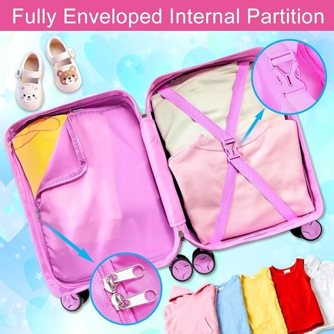 5Pcs Kids Luggage Set, 16" Girls Travel Suitcase with Spinner Wheels, Butterfly Hardside Carry on Toddler Rolling Suitcase Airline Approved（Pink）