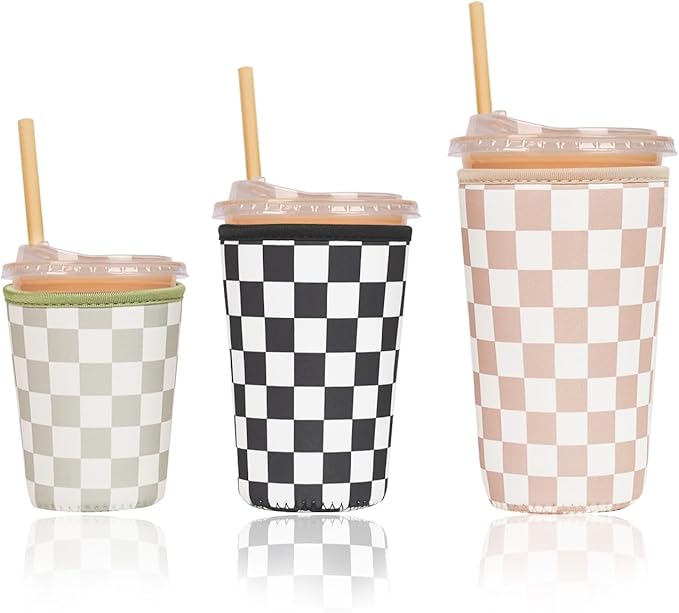 Reusable Insulated Neoprene Iced Coffee Cup Sleeve, Durable Drink Sleeve for Cold Beverages, Beverage Holder for Iced Coffee, Multi-Tone Checkers