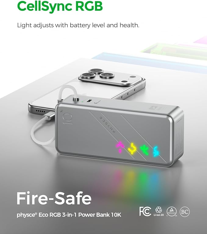 Eco RGB 3-in-1 Power Bank 10K, 9,600mAh 30W Portable Charger, Built-in USB-C Cable and Foldable Plug, Fast Charging Battery Pack, Travel Essential for iPhone 16/15, MacBook (Starlight Silver)
