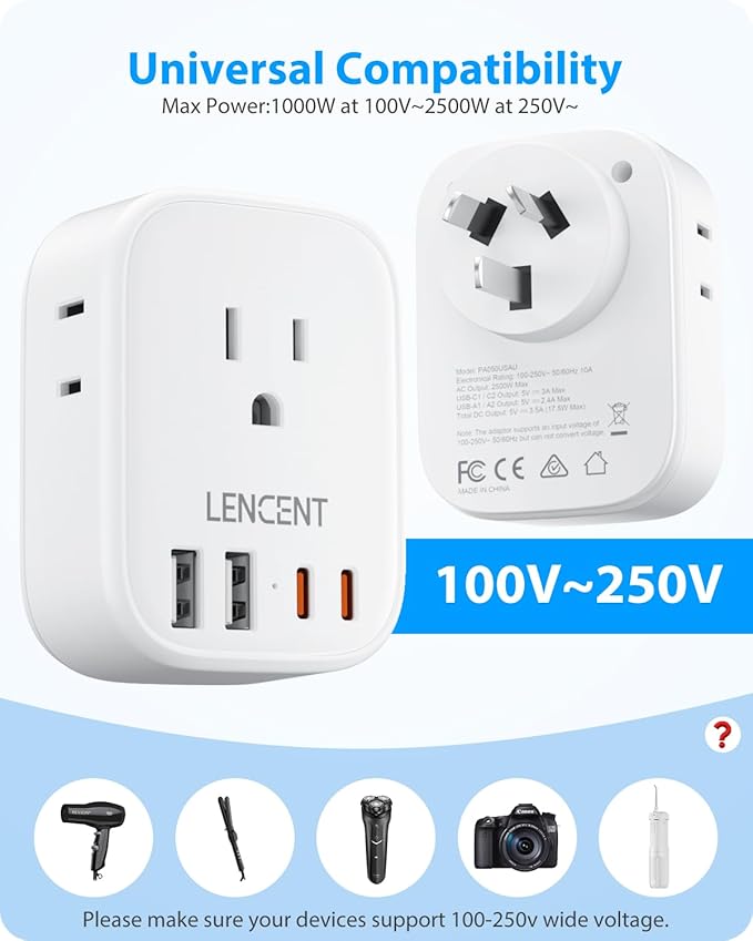 LENCENT Australia New Zealand Power Plug Adapter, US To Australia Plug Adapter with 4 Outlets, 4 USB Ports(2 USB C), Type I Plug Converter for US to AU Argentina China Fiji, Travel Essentials