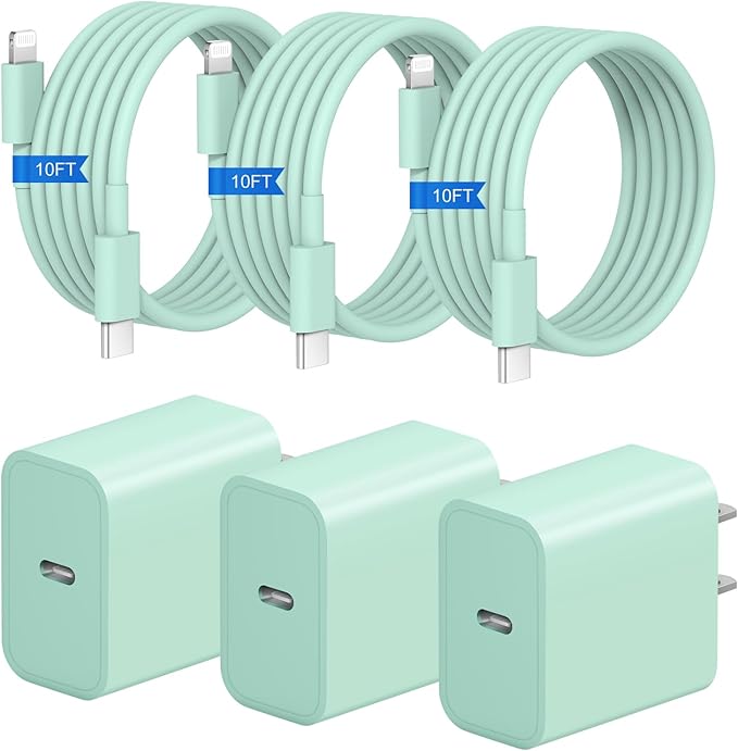 iPhone Fast Charger 3+3Pack 20W USB C Wall Charger with 10FT Fast Charging Cable Compatible with iPhone 14/13/12/11/Pro/Pro Max-Green