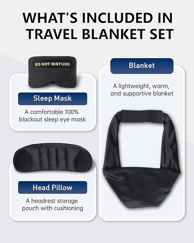 Travel Pillow and Blanket Set, Compact Airplane Pillow Bag with Eye Mask for Long Flights Sleeping, 360° Support Head Strap Travel Essentials for Plane Sleep Neck Upright, Stop Head Bodding (Black)