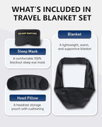 Travel Pillow and Blanket Set, Compact Airplane Pillow Bag with Eye Mask for Long Flights Sleeping, 360° Support Head Strap Travel Essentials for Plane Sleep Neck Upright, Stop Head Bodding (Black)
