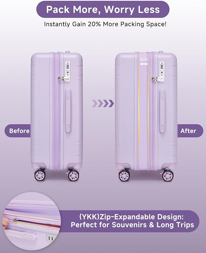 Somago Expandable Carry On luggage with Shock-Absorbing Braking Spinner Wheels Moon Star Design Hard Shell Suitcase with Cupholder TSA Lock (Light Purple,Expandable 20 Inch)