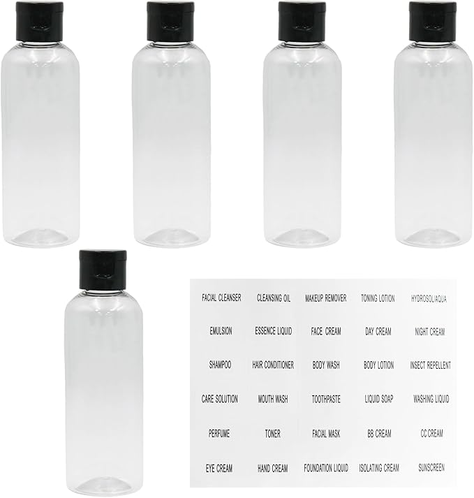 5 Pcs Transparent Travel Size Bottles, 3.4oz Travel Size Containers with Labels, Refillable Liquid Containers for Travel/Travelers/Toiletries