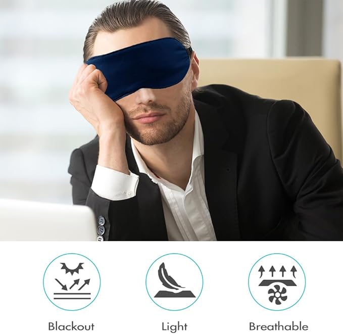 2 PCS Navy Satin Sleep Masks, Adjustable Silk Eye Mask for Sleeping, Blind Folds Soft Breathable Blindfold for Adults Couples Play Party Games Airplane Travel Essentials Eye Covers Patches Night Mask