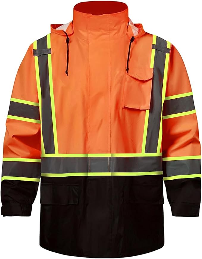 SKSAFETY Hi Vis Safety Rain Jacket for Men, Construction Work Rain Gear Heavy Duty Class 3 Rain Coat Waterproof Lightweight