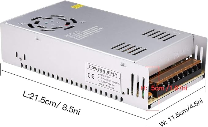 30A 360W 12V DC Power Supply, Universal Regulated Switching AC 110V/220V to DC Converter (SMPS) Transformer Driver Adapter for LED Strip Lights, CCTV Camera System, 3D Printer, Radio, Computer Project