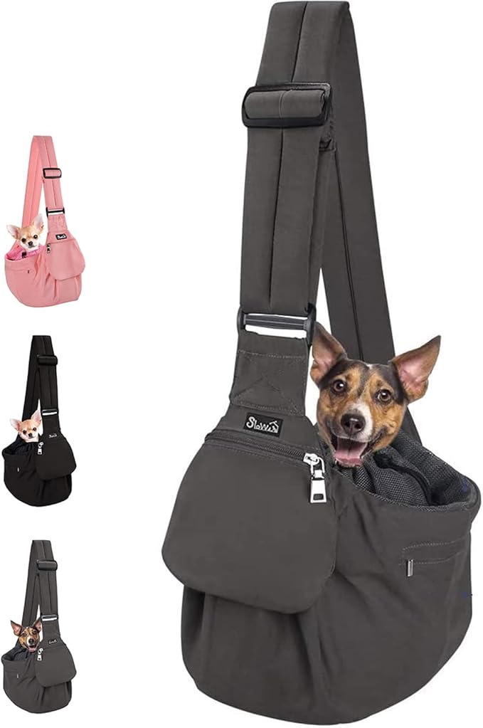 Lukovee Dog Sling Carrier, Hard Bottom Support & Adjustable Soft Padded Shoudler Strap Dog Slings for Small Dogs, Dog Purse with Drawstring Mesh Opening & Zipper Pockets for Puppy Cat Pet (Grey)
