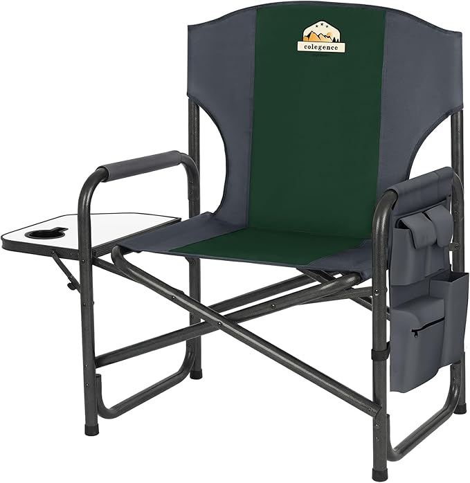 Colegence Oversized Directors Camping Chair Support 600 LBS, Heavy Duty Folding Outdoor Chairs with Detachable Side Pocket and Adjustable Side Table for Outside Beach,Lawn,Fishing (Green)