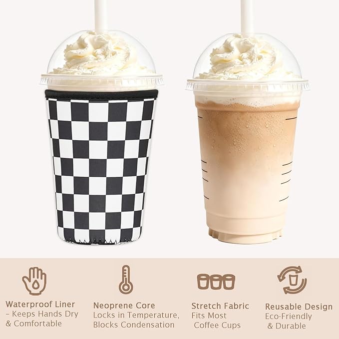 Reusable Insulated Neoprene Iced Coffee Cup Sleeve, Durable Drink Sleeve for Cold Beverages, Beverage Holder for Iced Coffee, Multi-Tone Checkers
