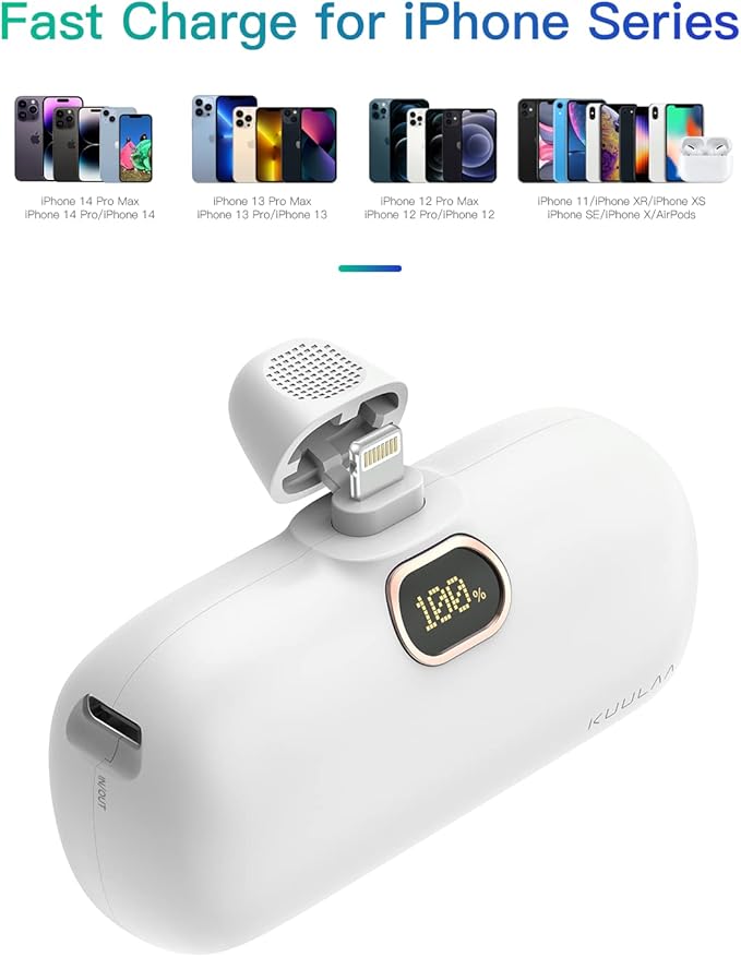 Kuulaa Small Portable Charger iPhone with Built-in Lightning Cable 5000mAh Power Bank Fast Charging for iPhone 14/13/13 Pro/12/12 Pro/11/XR/XS/X/8/7/6, White