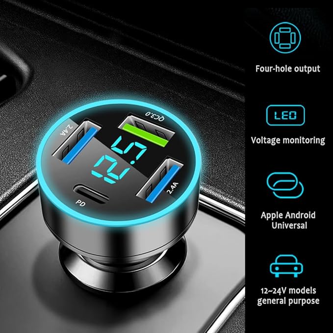 4 Ports Fast Car Charger,[Upgrade Voltmeter Display] PD+QC3.0 Car Charger Adapter for 12-24V Cigarette Lighter Plug,Phone Charger Compatible with iPhone/Android/Samsung/iPad(QC3.0+PD+2.4A+2.4A)