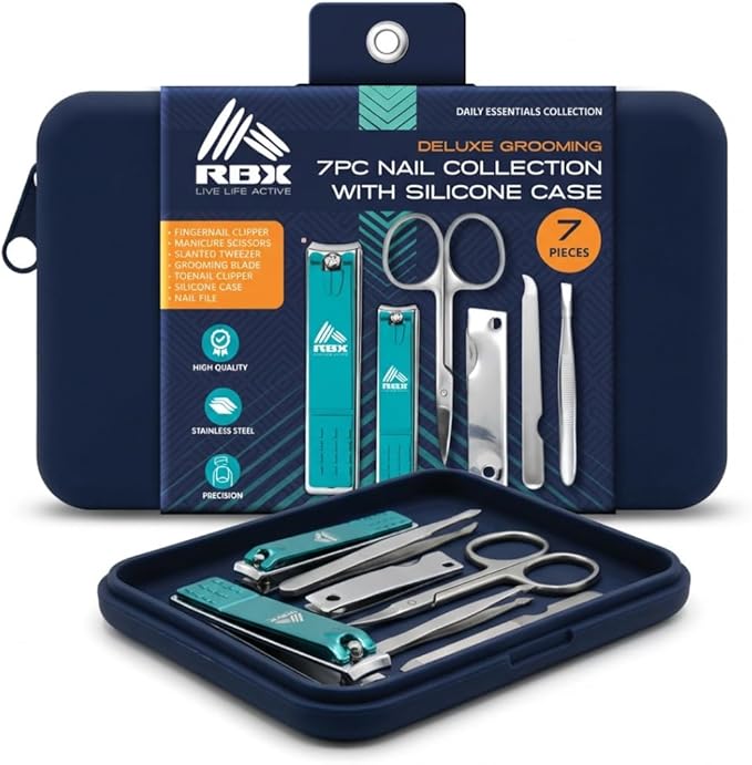 RBX Nail Clipper Set for Men, 7 Pcs Deluxe Grooming Kit for Men - Includes Toe & Finger Nail Clippers, Nail File, Slanted Tweezer, Manicure Scissors, Comes in Silicone Travel Case