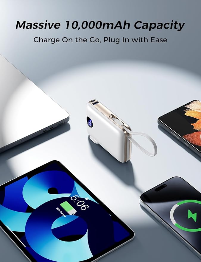 Portable Charger with Built-in Cables & Wall Plug, 10000mAh Power Bank, 4 Outputs 22.5W USB C Fast Charging, Slim Travel Battery Pack with LED Display for iPhone 17/16/15/14, White