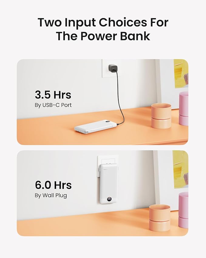 Portable Charger with Wall Plug, Slim USB C Power Bank with Built-in Cables, 10000mah LED Display External Battery Pack Compatible with iPhone/Android & More(White)
