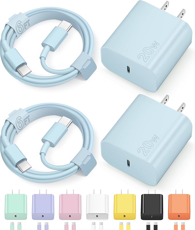 iPhone 17 16 15 Charger Fast Charging Type C Chargers USB C Charger Block iPhone Air Chargers with 2 Pack 6FT Cable for iPhone 17/17 Plus/17 Pro Max/16/16 Plus/16 Pro Max/15 Pro Max/iPad Pro(Blue)