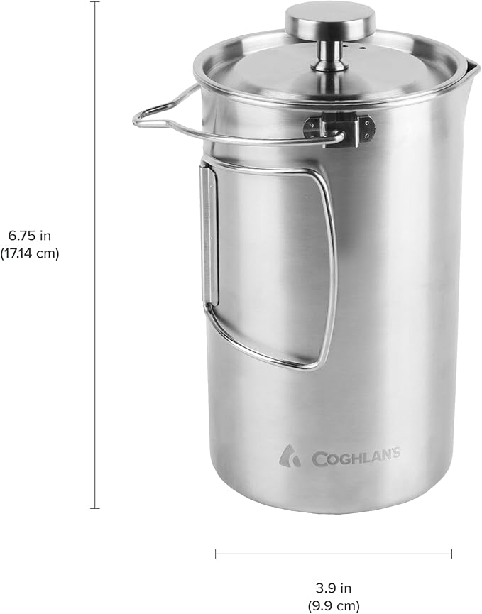 Coghlan's Stainless Steel French Press Coffee Maker – 4-Cup (32 oz), Campfire & Stovetop Safe, Portable & Durable – Fine Mesh Filter, Folding Handle, Dishwasher Safe – For Camping, Travel, or Home