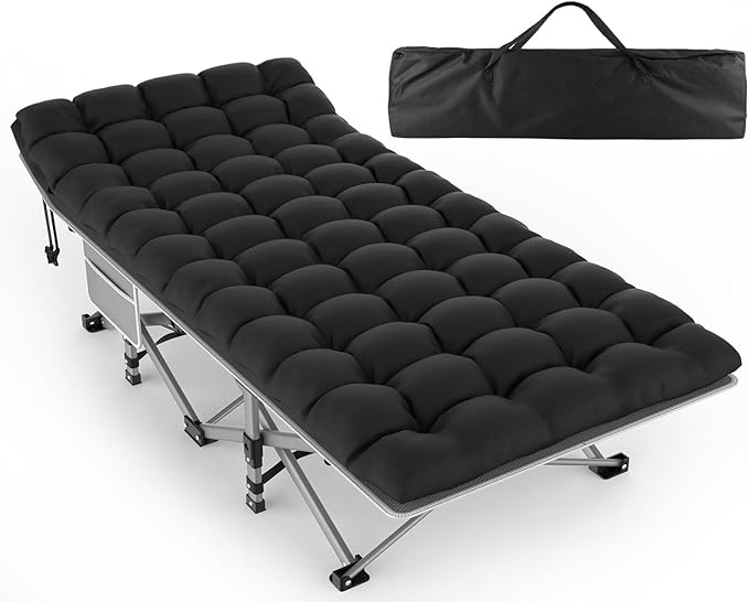 ZENPETIO Oversized XXL Folding Camping Cot, Heavy Duty Sleeping Cot for Adults with Mattress and Pillow, Portable Cot Bed with Carry Bag for Outdoor Camp Travel Home Guest Office, Gray Black