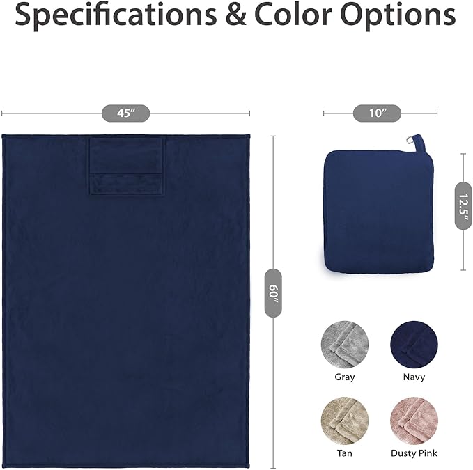 DEZ FURNISHINGS 4-in-1 Travel Compact Blanket Pillow Super Soft Velvet with Luggage Sleeve and Backpack Clip, Navy, 60" W x 45" H