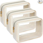 F-color TSA Approved Toiletry Bag 3 Pack Medium - Clear Makeup Bag Travel Quart Size for Women Men, Clear Cosmetic Bag Airport Airline Compliant Carry on Bag, Beige